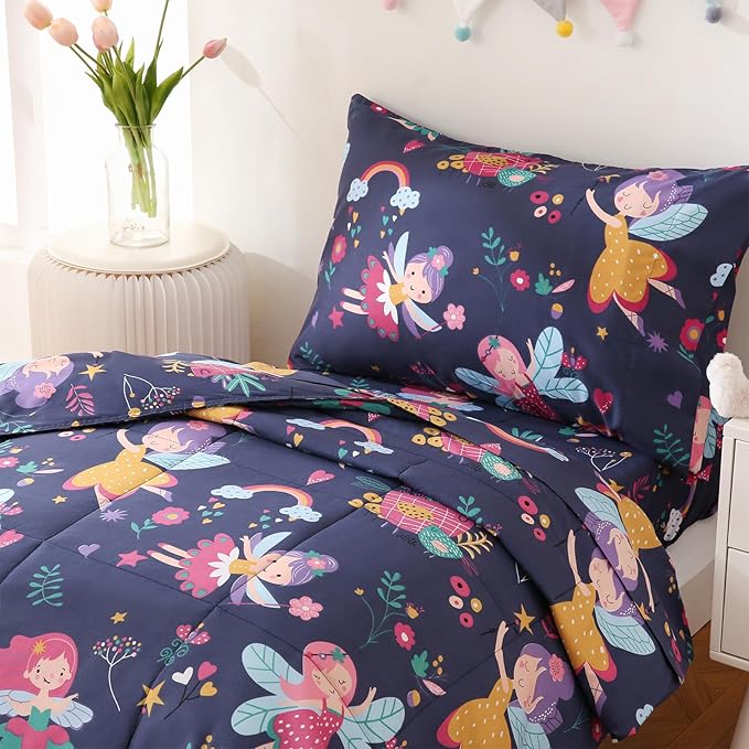 JSD Fairy Toddler Bedding Set, 4 Piece Bed-in-Bag Toddler Comforter and Sheet Set, Machine Washabale Comfortable