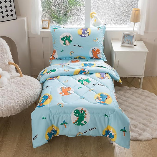 Caressma 5 Pieces Comforter Set Bed-in-a-Bag Twin Size, Soft Brushed Microfiber Kids Comforter with Lovely Blue Dinosaurs Pattern, Includes Comforter, Fitted Sheet, Flat Sheet & Pillowcase & Sham