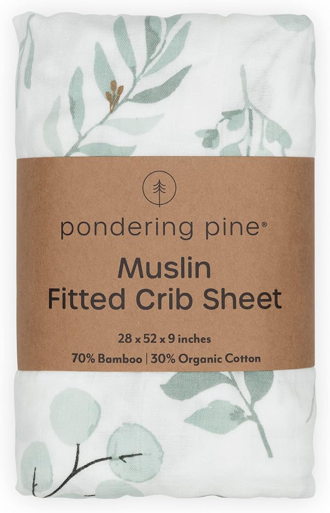 Organic Muslin Fitted Crib Sheet - Organic Crib Sheet for Standard Crib and Toddler Mattresses, Soft and Breathable, Eucalyptus Leaves, 28”x52”