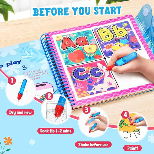 JoyCat Alphabet Water Coloring Book for Toddlers 3-5, Reusable 14 Activity Pages with Water Pen for No-Mess Drawing, Preschool Alphabet Learning Letter Tracing Toys, Toddler Boys Girls