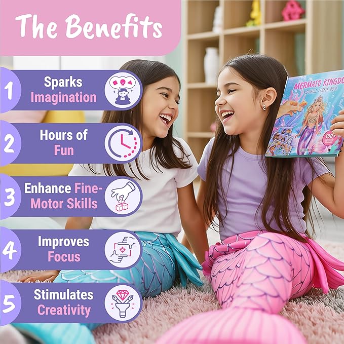 BSCOOL Mermaid Kingdom Reusable Sticker Book, 100+ Stickers, Underwater Fantasy Activity Book - Mermaid Sticker Dress Up for Girls Ages 4-6. Airplane Stickers Book for Toddlers. Christmas Gift