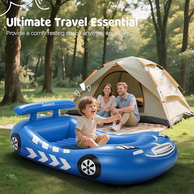 Lewondr Inflatable Kids Bed, Racecar Toddler Air Mattress with Safety Bumpers, Toddler Blow up Mattress with Hand Pump, Portable Toddler Travel Bed for Camping, Sleepovers, Vacation & Home, Blue