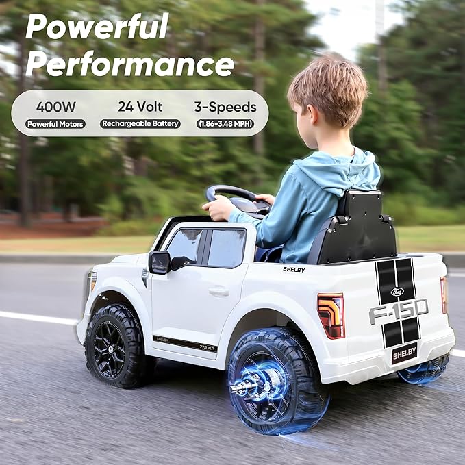 Licensed Ford Shelby F-150 24V Kids Ride on Toy, Electric Car for Kids with Remote Control, 400W Motors - White