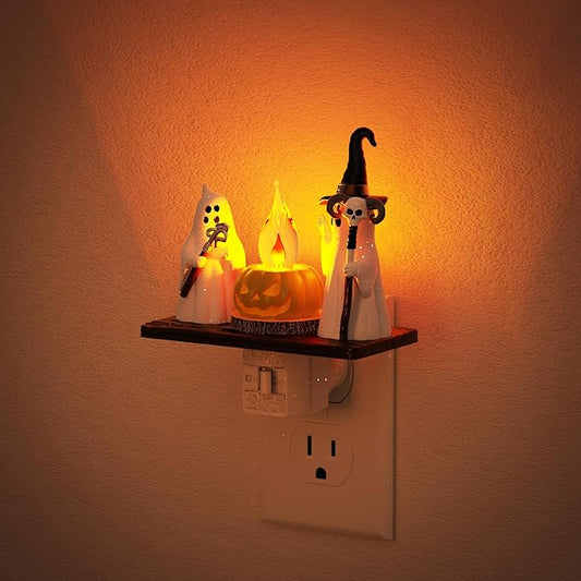 Halloween Night Light, Amber Night Lights Plug into Wall,Cute & Funny Flaming Jumping Night Light,Ghost & Pumpkin Plug in Nightlight with 360° Rotatable for Kids Halloween Party Decor,1 Pack