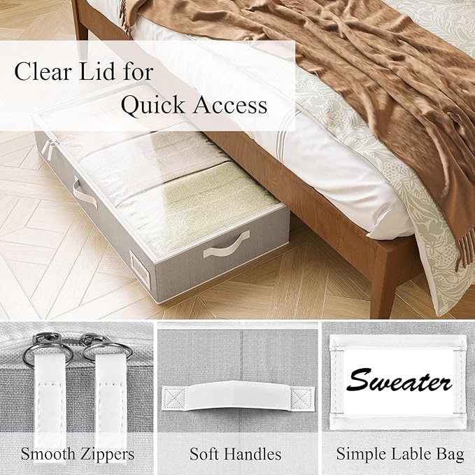 COYACOOL Under Bed Storage, Under Bed Storage Containers Bins for Clothes, Large Linen Underbed Closet Organization Bins, 2 Pack Collapsible Underbed Bin Dorm for Clothes, Sweater, Gray