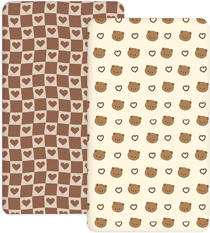 Crib Sheets for Boys and Girls, 2 Pack Fitted Baby Sheets for Standard Toddler Mattress 28" x 52", Soft Breathable Jersey Knit Baby Bedding (Teddy Love)