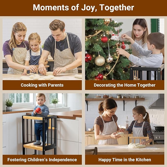 COSYLAND Kitchen Tower for Toddlers with Anti-Tip Support – Lightweight Toddler Kitchen Stool Helper for Bathroom Living Room Dining Room – Solid Bamboo Standing Tower (Natural & Black)