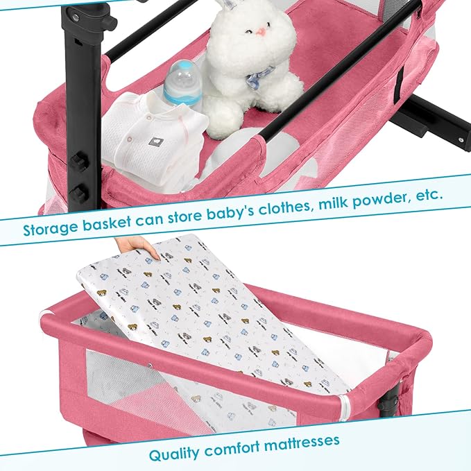 Baby Bassinet, Baby Basinet Bedside Sleeper, Easy to Fold Portable Crib Side Bassinet 2025new Style Girl/boy bassinets (Pink)