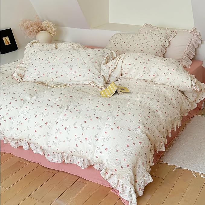BuLuTu Rabbit Floral Duvet Cover Queen, Soft Lightweight Muslin Cotton Comforter Cover 90"x90", Teens Girls Ruffles Bedding Queen Quilt Covers,Zipper Closure, 4 Ties, No Pillow, Machine Wash