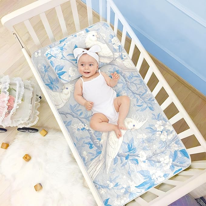 Cooling Baby Mattress pad Protector 28" x 52"Ultra Soft Crib Bumper Pads for Kids, Adult Elegant Animal White Cockatoos Bird Gray Blue