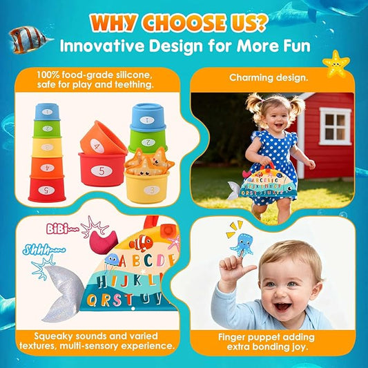 FREYBLI Montessori Toys for 1 Year Old Boy Girl Birthday Gifts - Toddler Fishing Game Toys with Stacking Cups, Mirror, Rattle - Educational Learning Sorting Toy for One Year Old Baby Boy Gifts