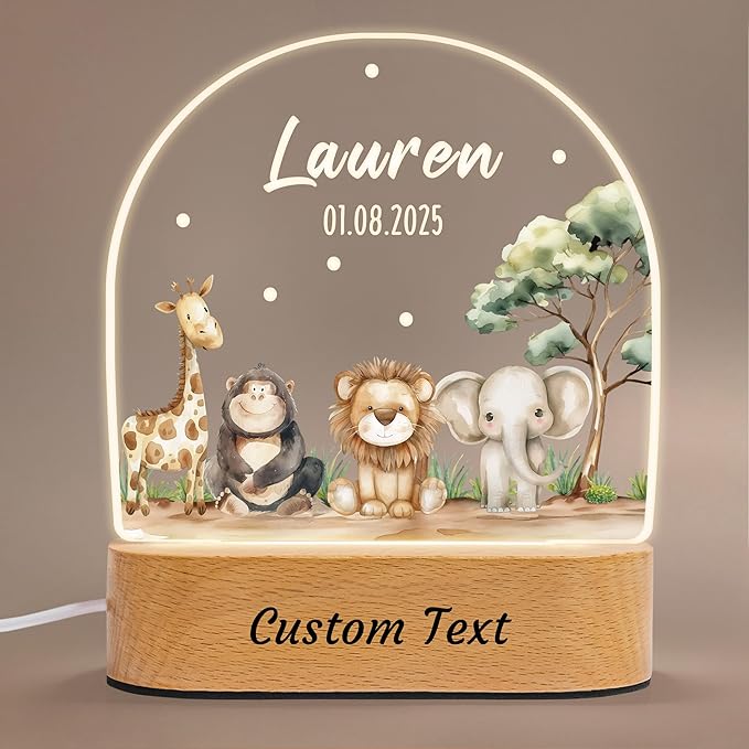 IOUMAM Personalized Baby Gifts Animal Name Night Light for Kids, Custom LED Acrylic Plaque, Baby Shower Christmas Newborn Gifts for Boys Girls, Safari Jungle Animals Nursery Room Decor for Children