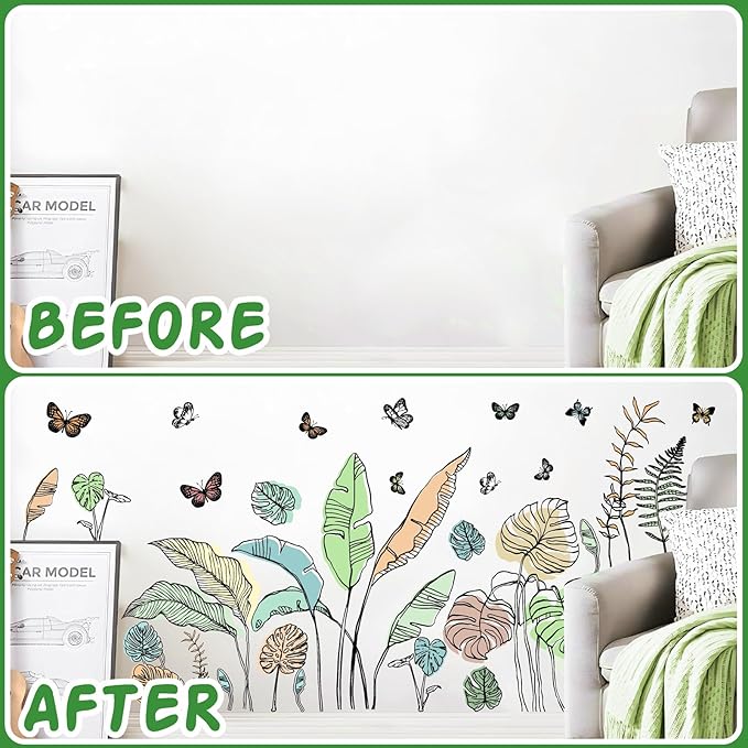 Palm Leaves Wall Decals Boho Tropical Leaves Wall Sticker Removable Green Plant Leaf Walls Decal Peel and Stick Tropical Leave Butterflies Vinyl Art Mural for Bedroom Living Room TV Background Decor