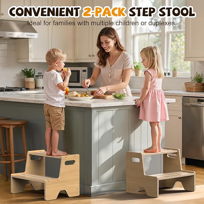 Uiirvdy Step Stool for Toddler, Sturdy Wooden 2-Step Stool with Anti-Slip Surface and Pads for Barthroom, Kitchen, Bedroom, Toilet, and Potty Training - 2 Pack