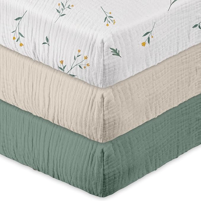 Gllquen Baby Muslin Mini Crib Sheets 3 Pack, Breathable Pack and Play Sheets Fitted 38"x26" Soft Cozy Cotton Pack N Play Sheets for Baby Boy Girls, Universal Fitted Mini Crib Mattresses (Green)