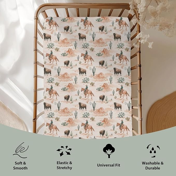 Vintage Cowboy Buffalo Baby Crib Sheets for Boy Girl 52x28Inch Retro Bison Cactus Soft Stretchy Fitted Crib Mattress Cover Western Desert Baby Sheet for Standard Crib and Toddler Bed Mattress