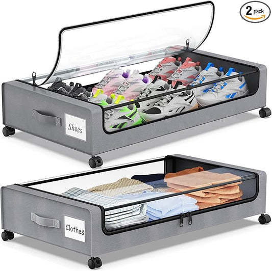 Molutsody Under Bed Storage with Wheels, 2-Pack Underbed Storage Containers with Clear Lids, Under Bed Shoe Storage Organizer Bins, Rolling Under Bed Storage for Clothes Shoes Blankets (Grey)