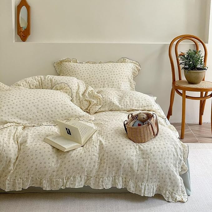 BuLuTu Chic Shabby Vintage Floral Duvet Cover Twin for Kids Girls Boys 100% Cotton Muslin Ruffled Quilt Cover Twin, 68"x86", Sprout Print, Soft Breathable, Zipper Closure, No Pillowcase