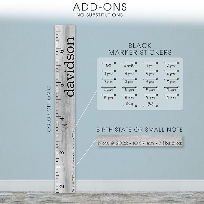 Wooden Kids Growth Height Chart Ruler for Boys and Girls Painted or Engraved (Classic Print)
