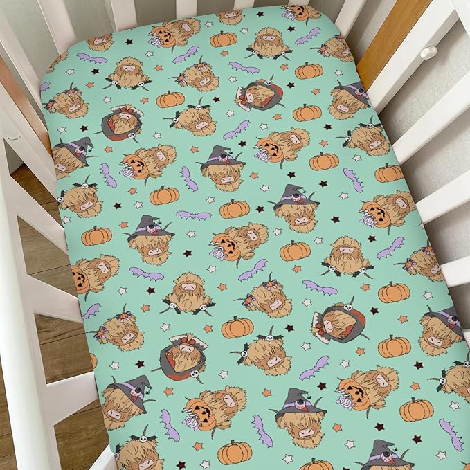 Highland Cow Halloween Baby Crib Sheets for Boy Girl Western Cowboy Fall Pumpkin Bats Soft Snug Fitted Crib Mattress Covers for 52''x28'' Standard Crib & Toddler Mattress Spooky Farm Animal Bed Sheet