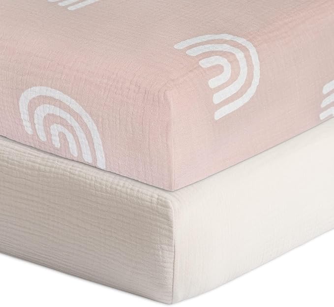 Meracorallo Muslin Fitted Crib Sheets, 2 Pack Soft Breathable Cotton Baby Crib Sheet, Boho Neutral Crib Sheet for Standard Crib and Toddler Mattress 28"x52" (Rainbow & Fog)