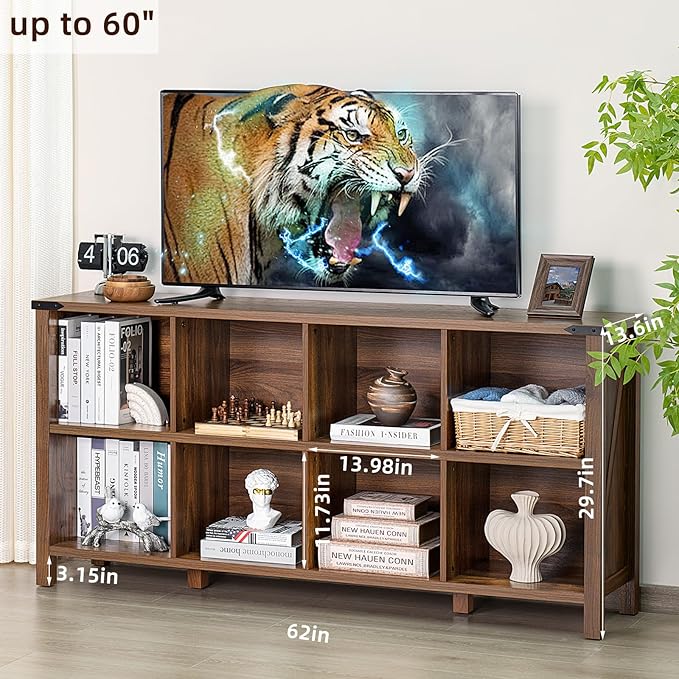 Joaxswe 8 Cube Book Shelf, Farmhouse Wood Long Storage Organizer Bookcase, 62" Horizontal Brown Walnut Console Closet Bookshelf, Hallway TV Stand for Entryway, Display Cabinet Book Case for Office