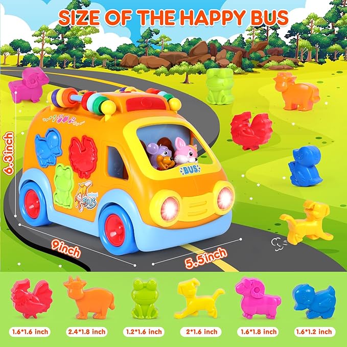 Toy Cars for 2 Year Old Boy Toys, Baby Boy Gifts, Musical Learning Crawling Toys for Toddlers 2-3, Educational Baby Bus with Animal Blocks, Christmas Birthday Gift for 2 3 4 Year Old Boys Girls Kids