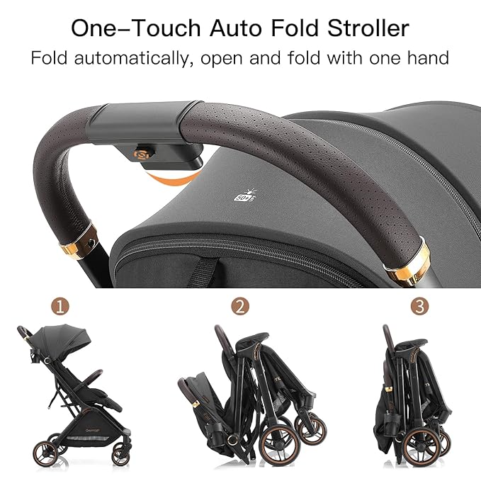 Gravity Folding Baby Stroller - Portable Travel Toddler Stroller w/Adjustable Backrest, Canopy, Footmuff & Cup Holder, Lightweight and UV Protected, One-Hand Automatic Folding - Dark Gray
