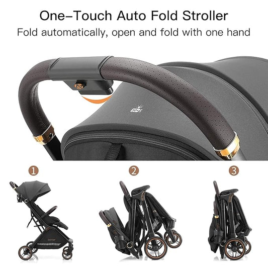Gravity Folding Baby Stroller - Portable Travel Toddler Stroller w/Adjustable Backrest, Canopy, Footmuff & Cup Holder, Lightweight and UV Protected, One-Hand Automatic Folding - Dark Gray