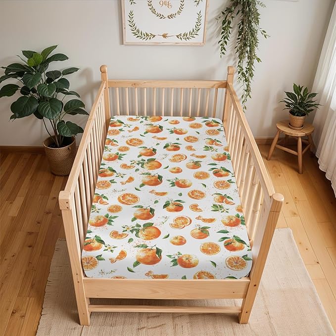 Watercolor Oranges Baby Crib Sheets for Boy Girl 52x28Inch Orange Branches Flowers Leaves Soft Snug Fitted Crib Mattress Cover Summer Citrus Fruit Baby Sheet for Standard Crib & Toddler Bed Mattress
