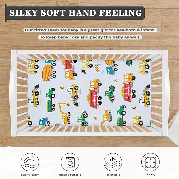 Construction Fitted Crib Sheet for Boys Girls Machinery Cement Truck Baby Sheet for Standard Crib and Toddler Excavator Dump Trucks Nursery Bed Mattress Sheets 28"x52"