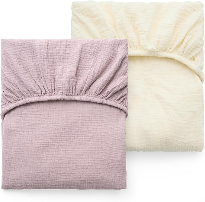 Momcozy Muslin Standard Fitted Crib Sheets, 52"x28", 2 Pack Soft Breathable Natural Cotton Baby Mattress Sheet, 360° Mattress Wrapping No Slip Boys Girls Neutral Toddler Bed Sheet, Beige Coffee Red