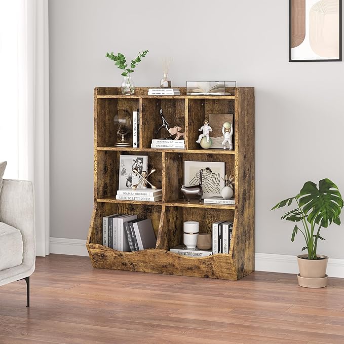 GarveeHome Rustic Brown Toy Storage Cabinet, Three-Tier Kids Bookshelf and Bookcase for Storage Books and Toys, Multi Shelf with Cubby Organizer for Bedroom and Playroom
