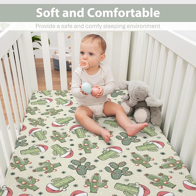 Christmas Cactus Santa Hat Baby Crib Sheets for Boy Girl 52x28Inch Green Cactus Balls Snowflakes Soft Snug Fitted Crib Mattress Cover West Desert Plant Baby Sheet for Standard Crib & Toddler Mattress