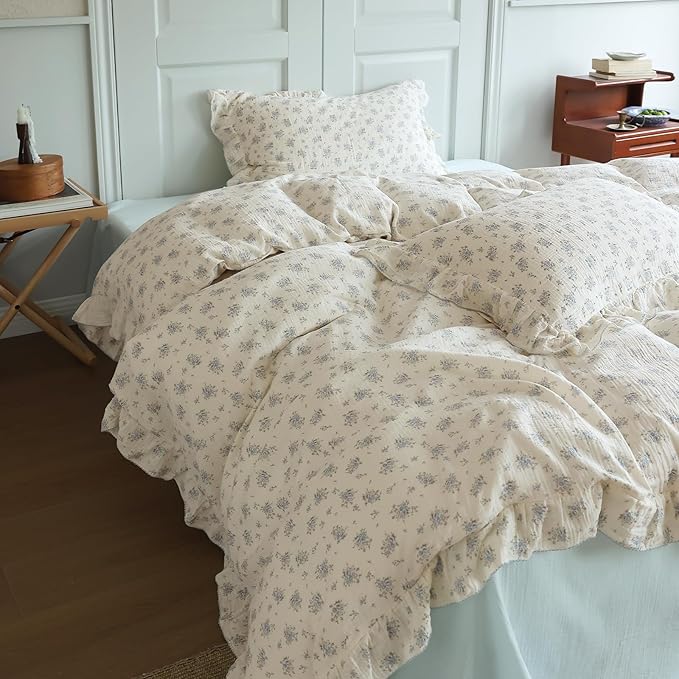 BuLuTu Blue Freesia Pattern Duvet Cover King, 2 Layers Cotton Muslin Quilt Cover with Zipper, Shabby Chic Ruffled Comforter Cover 90"x104" Floral Design Bedding, No Pillow, Machine Wash