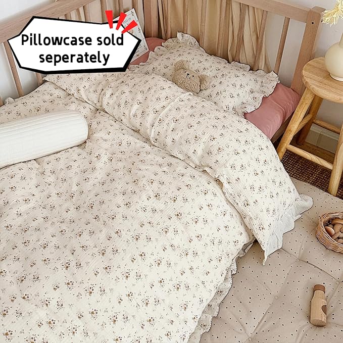BuLuTu Beige Kids Toddler Baby Duvet Cover Girls Muslin Duvet Covers Floral Nursery Quilt Cover Gauze Bedding Coverlet, 47"x59", Crapemyrtle Print (No Pillowcases)