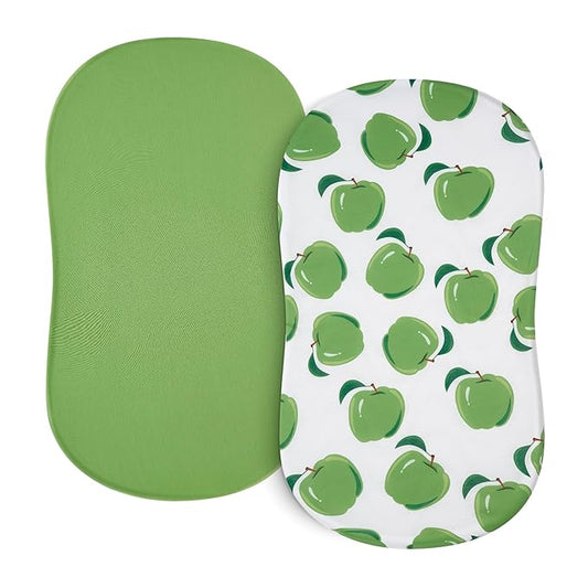TILLYOU Baby Bassinet Sheets for Girls Boys, Fit for Hourglass Oval Rectangle Bassinet Mattress Sheets, 33”X16”, 2 Pack Green Apple & Fruit Green
