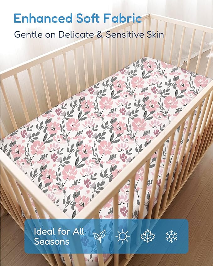 Baby Crib Sheets Boy Girl for Standard Crib Mattress - Flower&Pink Checkered Crib Sheet, Soft Jersey Knit, Breathable and Cozy, Fits 28''x52''x9'' Extra Deep Pocket
