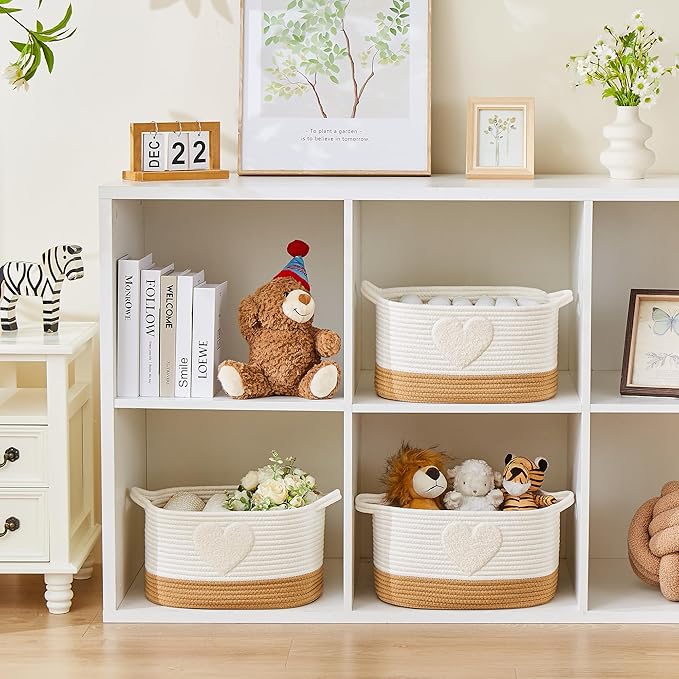 BUBUSUN Storage Bins Woven Baskets for Storage Set of 3, Cotton Rope Basket with Handles for Toys/Shelves/Laundry, Rectangle Multi-Purpose Organizer for Living Room, Bedroom, Nursery (Heart)