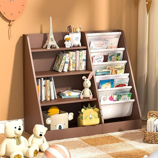 HedoAjim Kids Bookshelf Toy Storage Organizer 4-Tier Wood Book Rack Toddler Bookcase Baby Book Toy Display Shelf 5 Sling Bookshelf for Playroom Bedroom Nursery Classroom Church Espresso