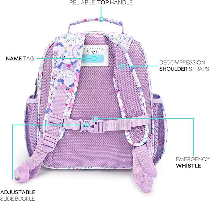 mibasies Toddler Backpack for Girls 2-4: Cute Kids Backpacks for Girls - Preschool Kindergarten Backpack - Unicorn Garden Purple