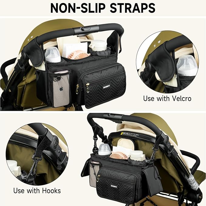 Universal Stroller Organizer with Insulated Cup Holder,Stroller Caddy Bag with Wet Wipes Pocket,Stroller Accessories Fits for Uppababy,Doona,Jogger,Britax,Mompush,BoB Strollers,Black