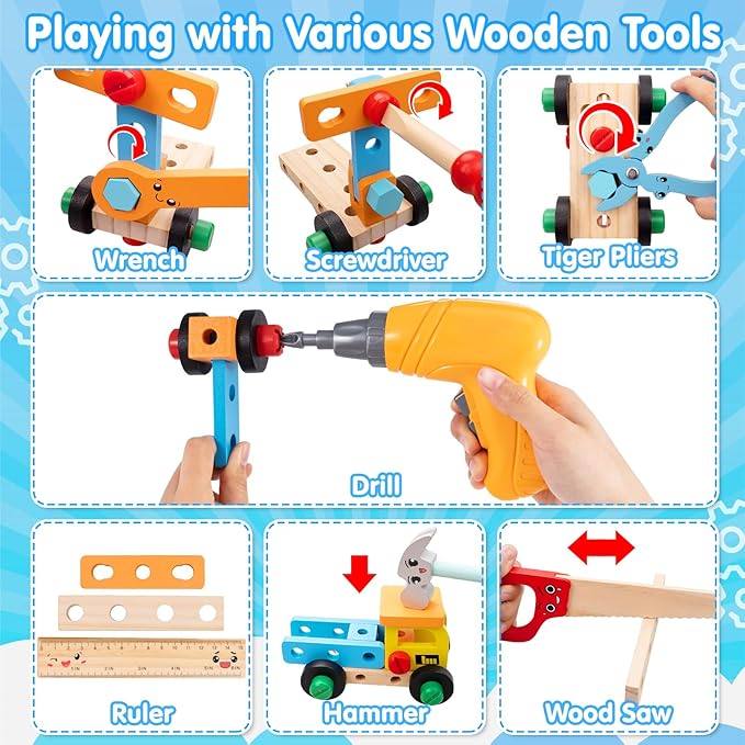 Kids Tool Set Toy for Boys - Educational Montessori Wooden Toddler Play Tool Box with Electric Drill - 59 Pcs STEM Construction Building Toys Christmas Birthday Gifts for 3 4 5 6 Year Old Boys Girls