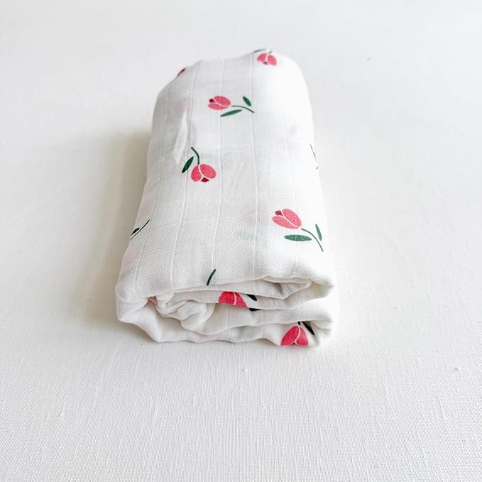 Ali+Oli Muslin Swaddle Blanket for Baby (Tulip) Large 47" x 47" Soft Rayon Made from Bamboo & Organic Cotton, Machine Washable Receiving Blanket Wrap for Newborn to Toddler