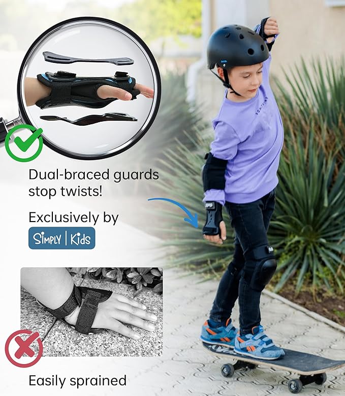 Simply Kids Knee and Elbow Pads with Wrist Guards, HardSoft Pad Tech. - CPSIA Certified Protective Gear Set - Inline Roller Skate Skateboard Bike Knee Pads for Kids Child Girls Boys Toddler Youth