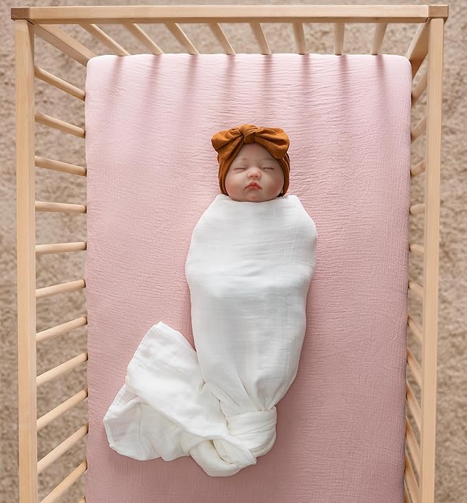 Meracorallo Muslin Crib Sheet, 100% Cotton Fitted Crib Sheet 28x52 Soft and Breathable Baby Boys Girls Cover for Standard Crib and Toddler Mattresses, Pink