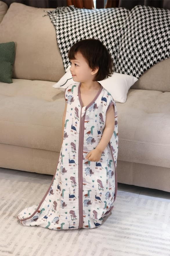 Baby Sleep Sack 2-4 T Baby Wearable Blanket 100% Organic Cotton 0.5 TOG Toddler Sleep Sacks 2- Way Zipper Soft 4 Layers Muslin 2T 3T 4T Dinosaur