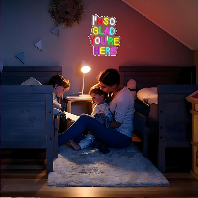 Enuoli I'm So Glad You Here Neon Sign Wall Decor Letter LED Neon Lights Light Up Signs For Kids Room Dimmable Positive Affirmation LED Neon Light Sign Home Business Wall Art Decor