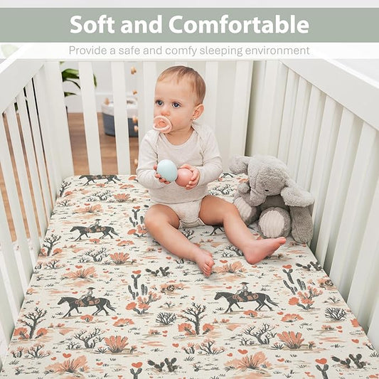 Vintage Western Cowgirl Love Baby Crib Sheets for Boy Girl 28"x52" Retro Pink Cowgirl Horse Cactus Soft Stretchy Fitted Crib Mattress Cover Wild West Baby Sheet for Standard Crib and Toddler Mattress