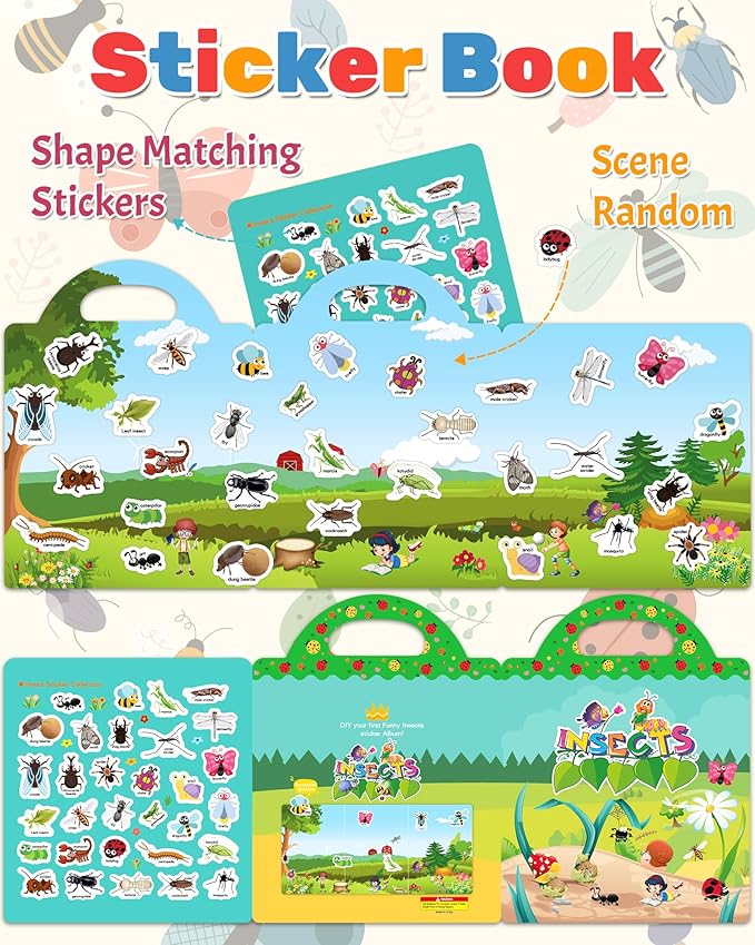 Benresive Reusable Sticker Books for Toddlers, Fun Travel Stickers for Kids, Toddler Sticker Book, Crafts Activities for Toddlers, 3 and Up Birthady Gifts - Insect